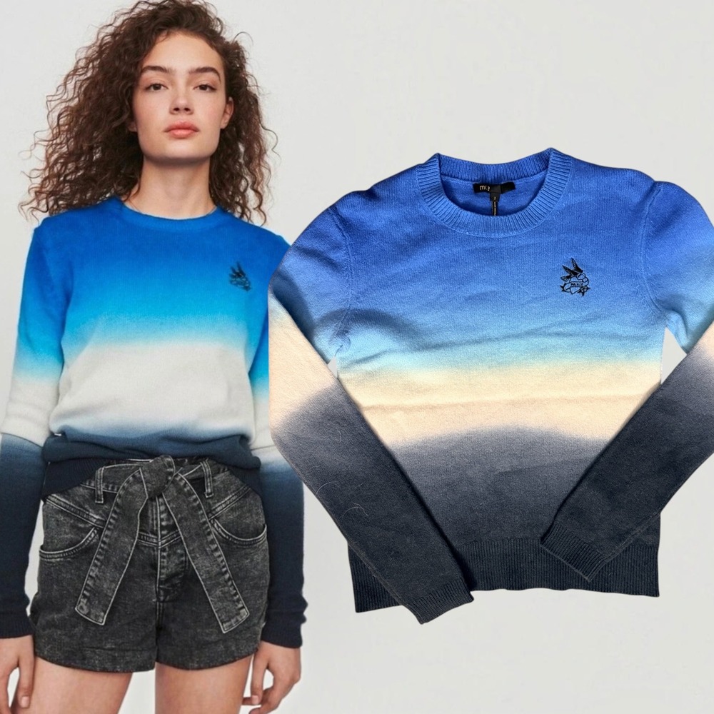 Maje Sweater Ombre Swallow Bird Embroidered Blue Size 2